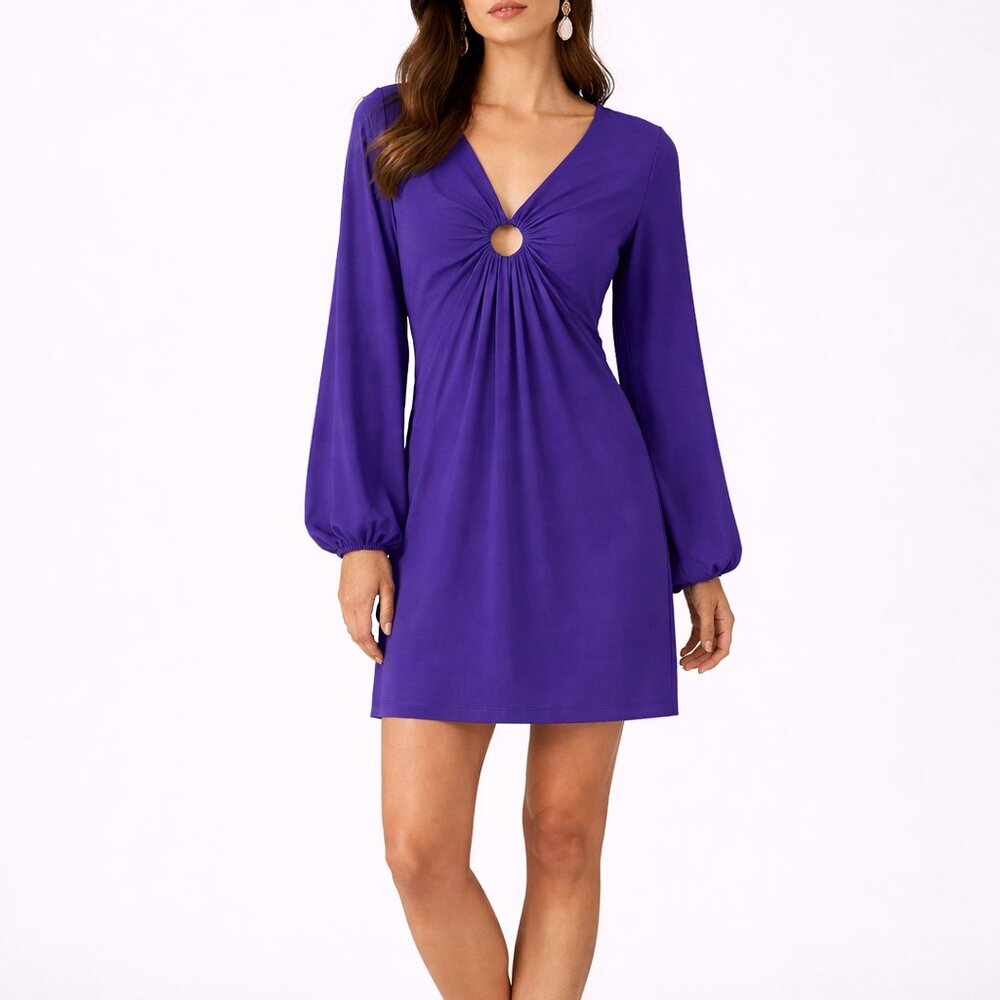 Krisa Purple Ruched Ring Front Mini Dress Long Sleeve V Neck NWT Lrg Retail $216
